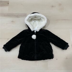 Janie and Jack Girls 2T Velour Jacket Black White Full Zip FauxFur Plushy Hood